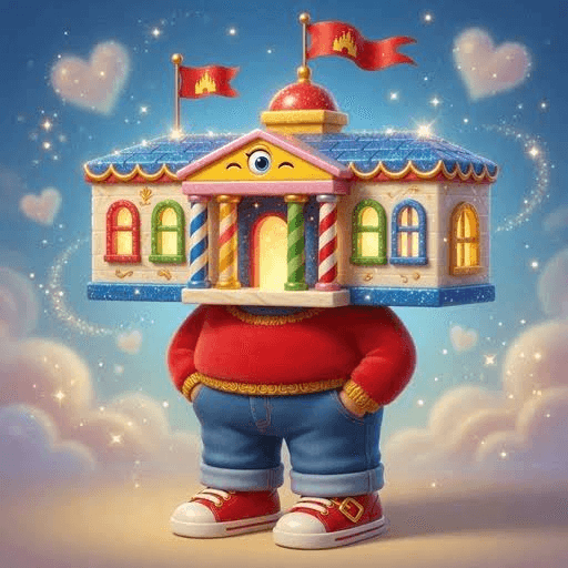 The FUNHOUSE mascot: a winking carnival White House wearing a red sweater and jeans